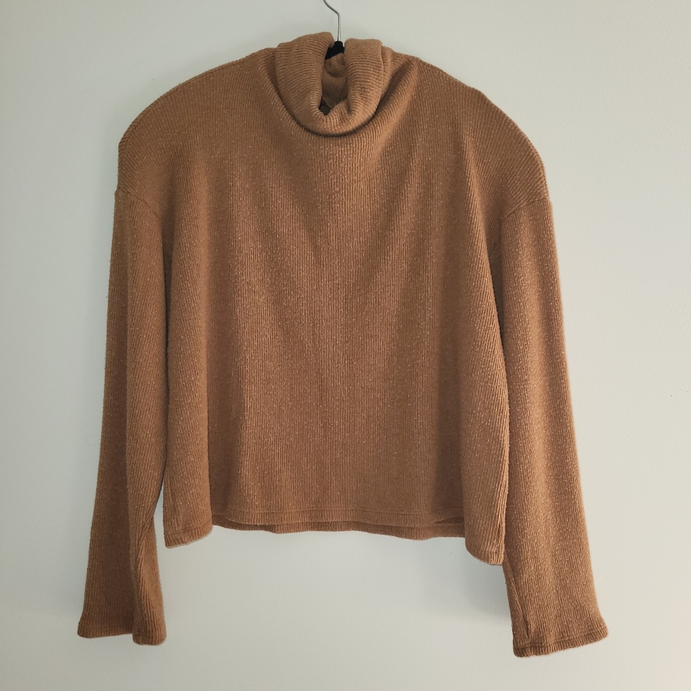 Enza Costa Brown Turtleneck Rib Knit Cropped Sweater